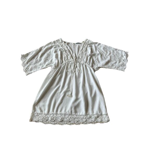 White Eyelet Coverup Mini Dress Swim Cotton Embroidered Lined Boho Beach Bride M - Picture 13 of 13